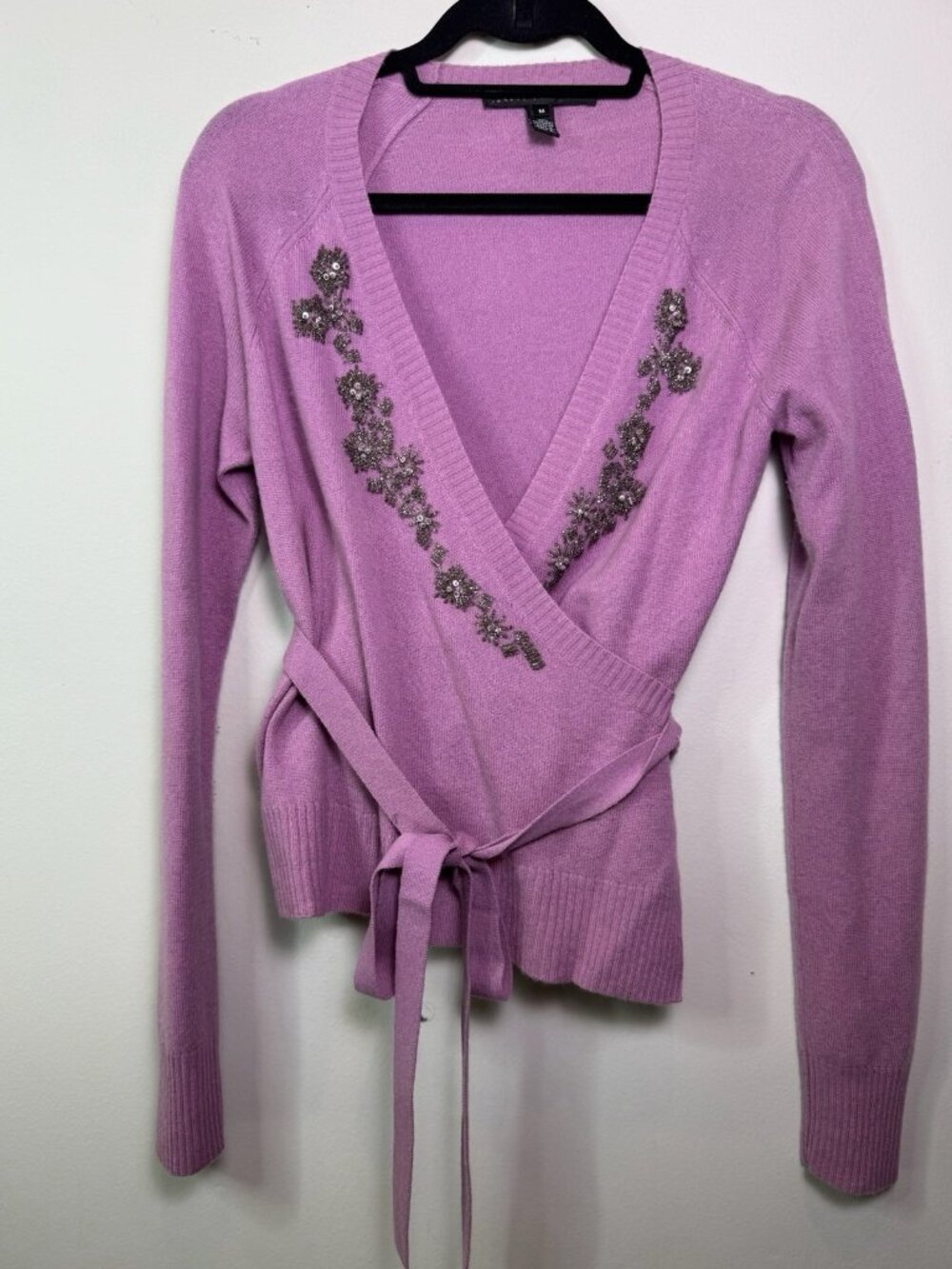 VTG Robert Rodriguez Open Front Purple Bead Bling Wrap 100% Cashmere Cardigan M